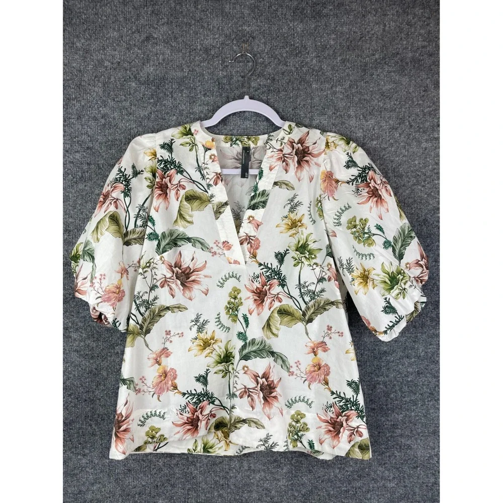 Anthropologie Floral Puff Sleeve Top Womens Size M White V-Neck Cotton Excellent